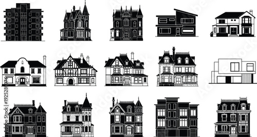 Residential house architecture collection, modern and classic home facade silhouettes vector illustration set, urban building exterior design bundle pack