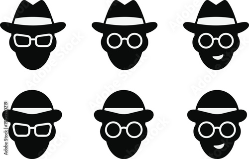Spy agent silhouette icon set, secret detective faces with hat and glasses isolated on white background illustration