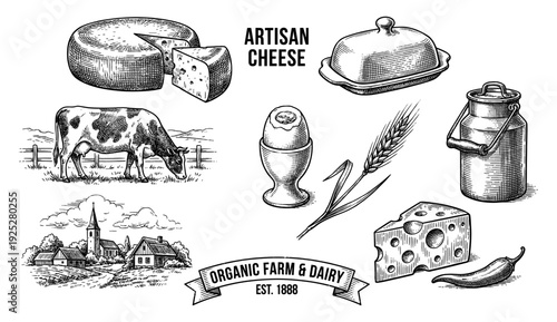 Organic farm and dairy collection in vintage engraving style