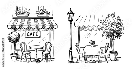 Street cafe terrace in vintage engraving style