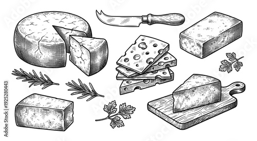Cheese collection with knife and board in vintage engraving style
