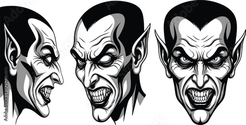 Vampire monster head illustration gothic horror character face set scary undead creature vector dark fantasy Halloween mascot design collection