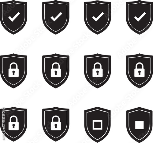 Black shield with white checkmarks locks and squares security symbols lock square symbol protection symbol