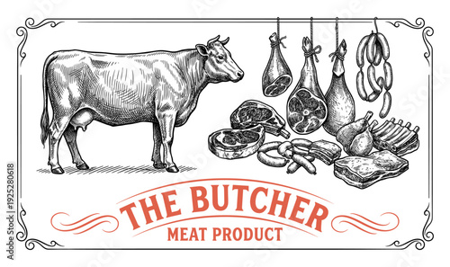 The Butcher shop banner with cow and meat products in vintage engraving style