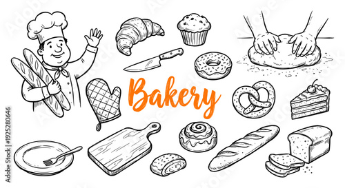 Bakery and pastry collection in hand drawn sketch style