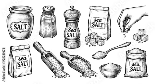 Sea salt collection in vintage engraving style