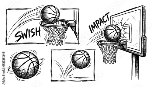 Basketball game motion set in hand drawn sketch style