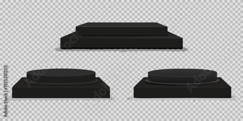 Black platforms and cylindrical pedestals isolated on transparent background