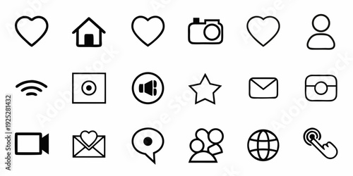 Collection of simple black and white outline icons arranged in rows