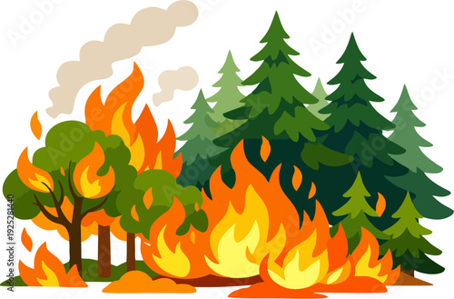 Forest Fire Wildfire Burning Trees - Natural Disaster Emergency with Flames and Smoke in Pine Tree Woods Flat Vector Illustration