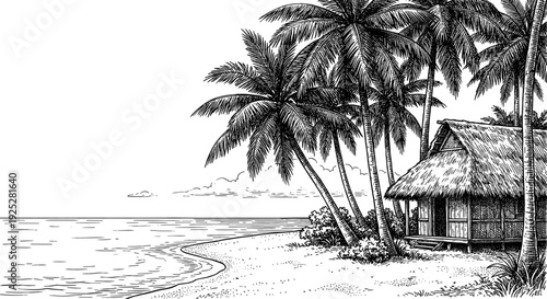 Tropical beach with palm trees and hut in vintage engraving style