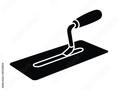 Vector of a trowel with a black handle and flat blade is shown