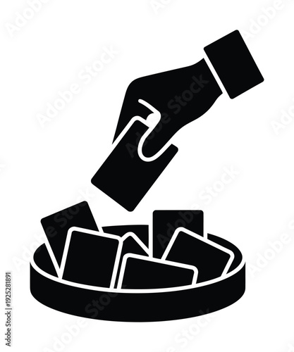 Vector shows a hand putting a card into a ballot box with cards