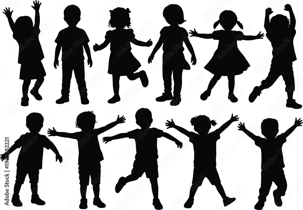Obraz premium Black Silhouette Collection of Happy Children Jumping and Diverse People Standing with Various Tree Types for Nature Community flavector Adobe StockBlack Silhouette Collection of Happy Children 