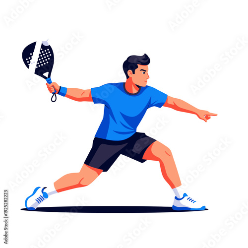 Man playing padel tennis, athletic man in blue shirt and black shorts, dynamic pose, hitting ball