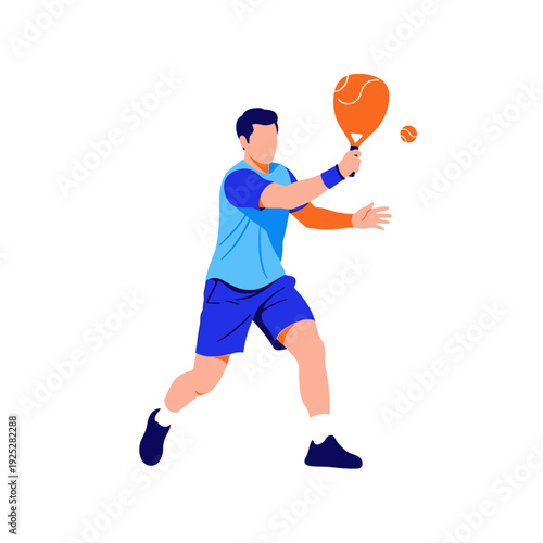 Man playing paddle tennis, hitting ball with racket, active sport, outdoor game, dynamic action