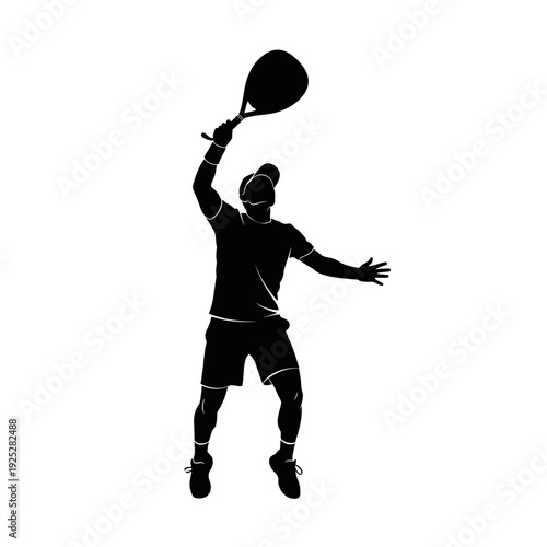 Silhouette of a tennis player jumping to serve with a racket, dynamic action shot