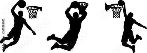 Dynamic silhouettes of basketball players dunking with powerful athleticism and energy
