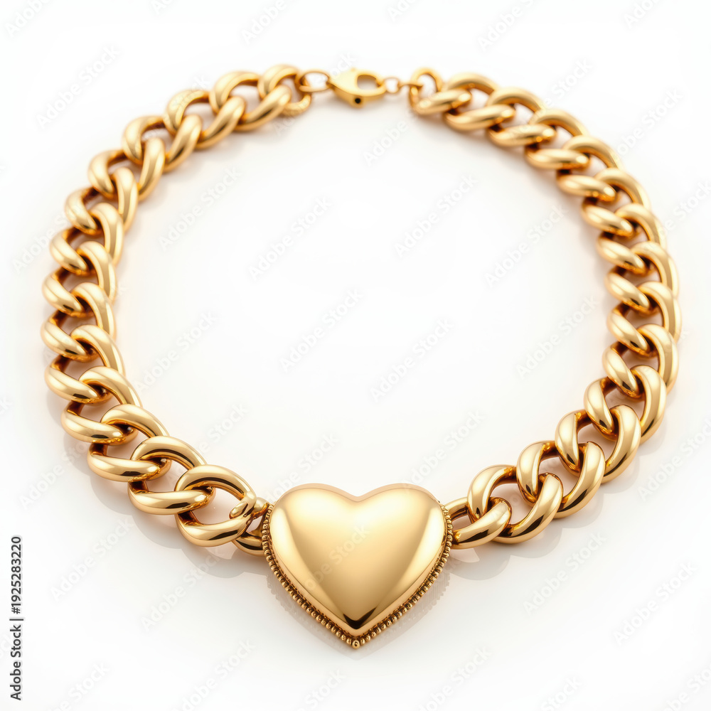 Obraz premium Gold chain necklace heart pendant, shiny metal jewelry, elegant fashion accessory, romantic gift, luxury style, isolated background
