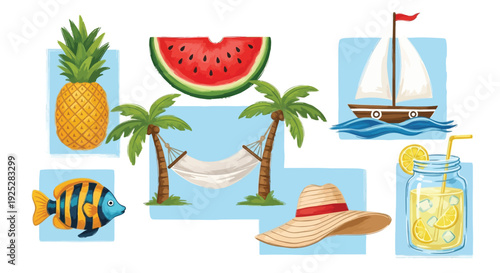 A vibrant collection of summer vacation elements including tropical fruits, a sailboat, a hammock, a fish, a hat, and lemonade.