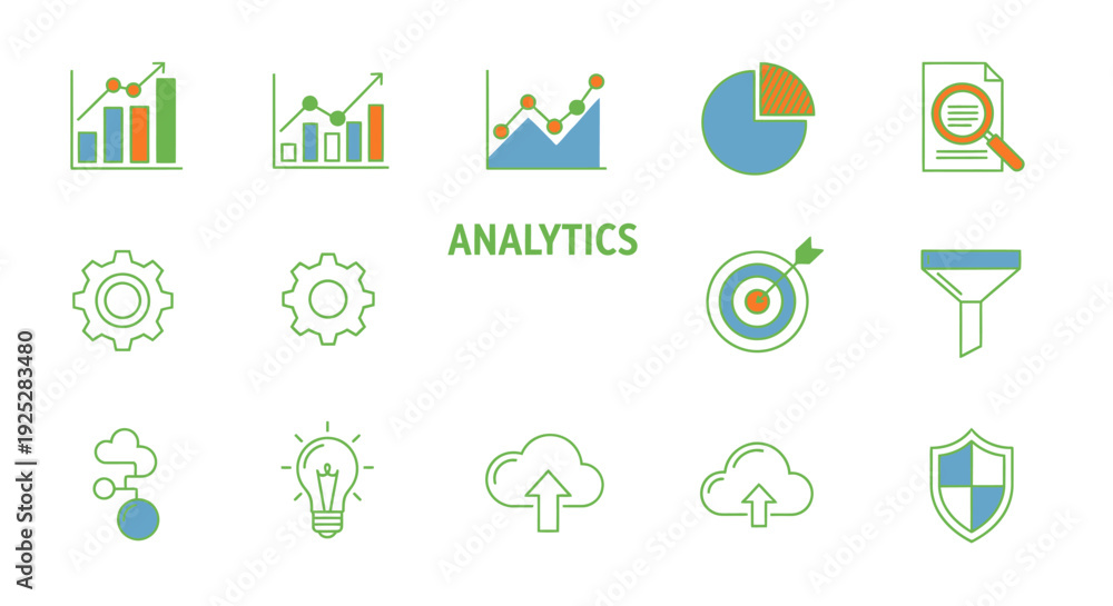 Fototapeta premium Set of Business Analytics and Data Intelligence Icons for Reports and Strategy on Isolated White Background
