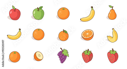 Assortment of Fresh and Healthy Fruits including Apples, Oranges, Bananas, and Grapes on Isolated White Background