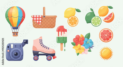 A vibrant collection of summer essentials and leisure items including a hot air balloon, picnic basket, citrus fruits, roller skates, and tropical flowers.