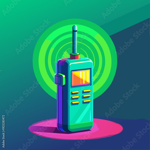 Vibrant walkie talkie illustration with green signal waves 