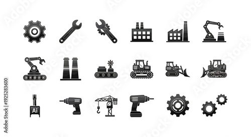 Industrial Manufacturing and Construction Engineering Outline Vector Icons on Isolated White Background