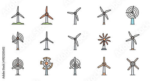 Flat Design Wind Turbine and Wind Mill Icons Set for Renewable Energy on Isolated White Background