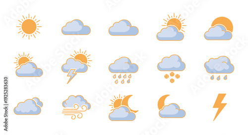 Weather Forecast and Climate Conditions Flat Outline Vector Icons Set on Isolated White Background