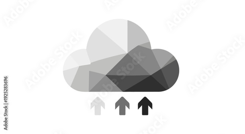Monochrome cloud upload icon with upward arrows, representing data transfer to cloud storage, isolated white background.