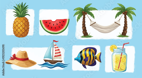 A vibrant collection of summer vacation essentials including tropical fruits, beach accessories, and refreshing drinks on a light blue background.