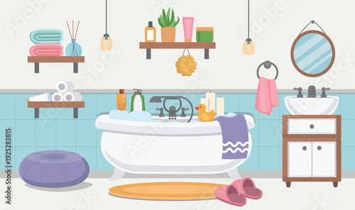 Bathroom interior with bathtub, towels and accessories. Flat design vector illustration. Modern bathroom in pastel colors. Bathtub, sink.Bathroom with a bathtub, sink, and cabinet.