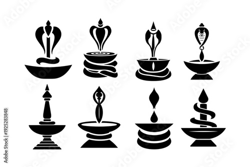Hindu Shivling with Cobra Hood Silhouette Icon Set, Lord Shiva Lingam Sacred Symbol Vector Collection. Ai generated