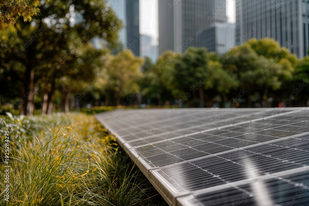 Fototapeta premium Solar Energy Panels in a Green Urban Park with Modern Skyscrapers in the