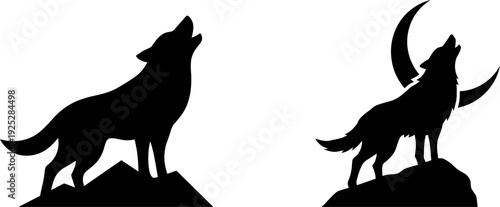 Dramatic black silhouettes of two wolves howling at the moon, evoking freedom and wild emotion