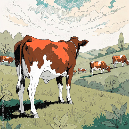 Several brown and white cows graze on a sunlit green pasture, spaced across a wide grassy field with distant trees and softly blurred rural landscape under clear sky at dusk light.