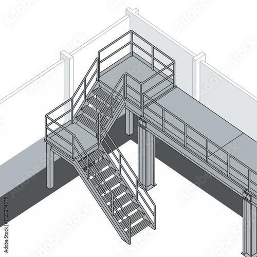 Isometric illustration of a metal staircase and walkway with railings.