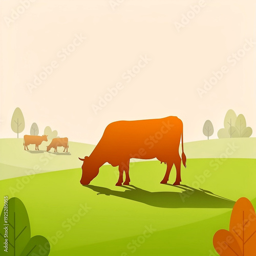 a solid orange cow grazing on bright green rolling grass, two smaller cows in the mid distance, simplified rounded trees, and pale warm gradient sky filling the upper portion of the frame.