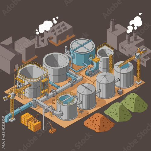 Isometric illustration of an industrial water treatment plant with tanks, pipes, and factories.