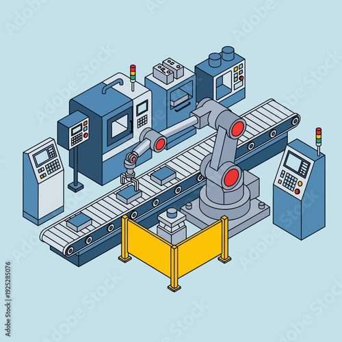 Automated industrial robotic arm working on a conveyor belt in a factory setting with machinery.