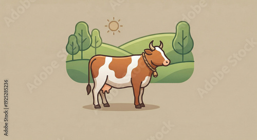 a brown-and-white cow standing between green, undulating hills under a backdrop of stylized orange sun rays and rolling cloud formations.