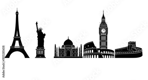 Famous Landmarks Silhouette Eiffel Statue Liberty Big Ben.