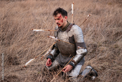 Quadro su tela A knight wounded by arrows sits on the dry grass after a battle