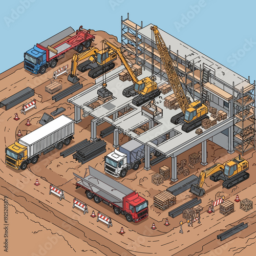 Construction site with heavy machinery and vehicles.