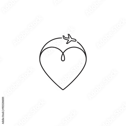 Continuous Line Art Heart Shape with Airplane Flying Over for Travel Love on Isolated White Background