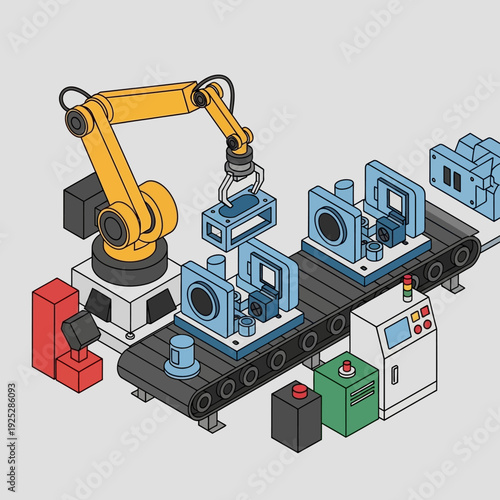 Industrial robotic arm assembling machinery on production line.