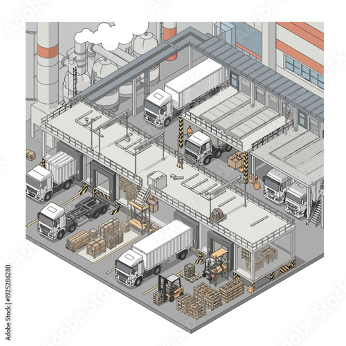 Isometric illustration of a modern industrial warehouse facility with trucks and containers.