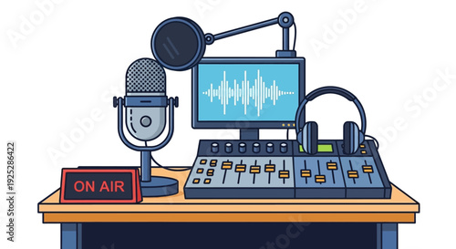Professional radio studio equipment setup with microphone and soundboard.